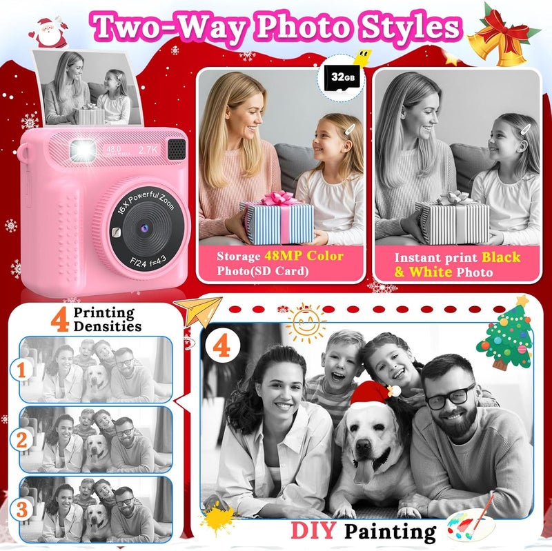 JPVERLY Kids Instant Print Camera - Christmas Birthday Gift for Boys and Girls Ages 3-12, Kids Digital Camera Toys with 1080P HD Video, 32GB Card (Pink Pro) - Image 3